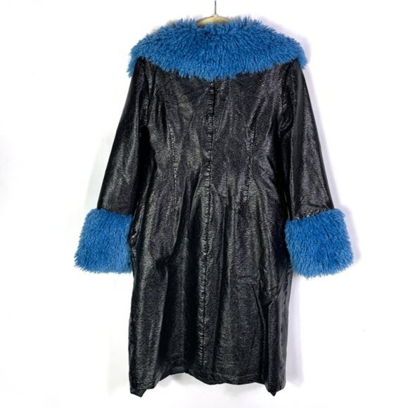 Love Whit Whitney Port Sherpa Collar Coat Black Faux Leather Blue Fur Trim Sz M - Picture 10 of 12